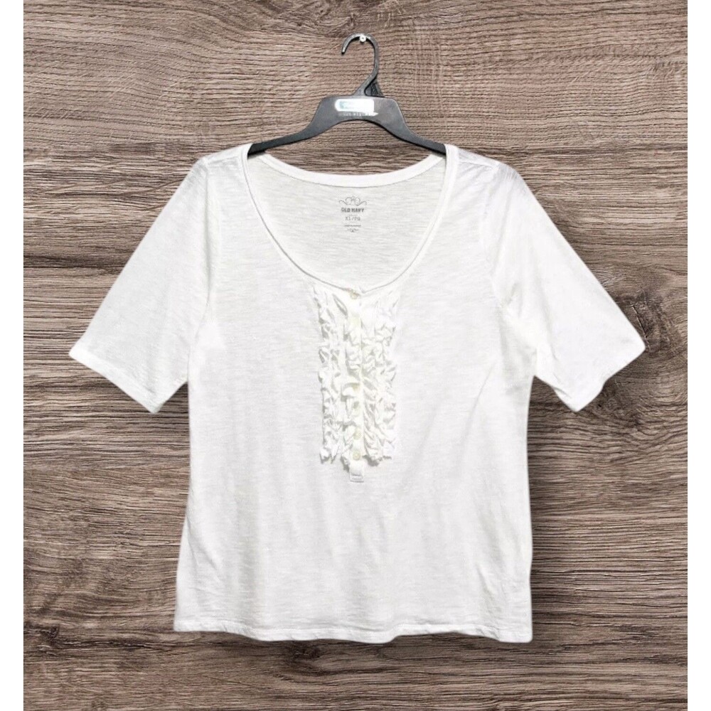 Old Navy T-Shirt Top Womens Size XL White Short Sleeve Ruffle Henley Scoop Neck